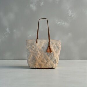 LU & ELLE Cream Shaggy Cotton | Tan Leather Travel Crossbody Shoulder Bag Tote